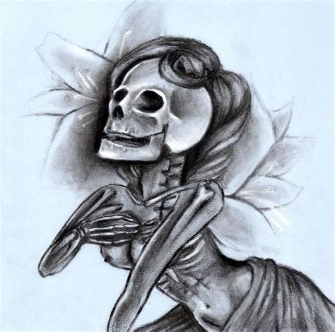 Skeleton Pin Up Girl Macabre Romance Charcoal Drawing Traditional