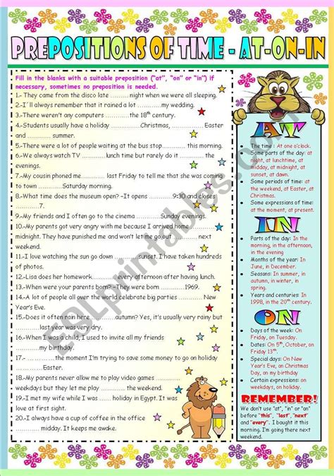 Prepositions Of Time At On In B W Version Key Included Esl