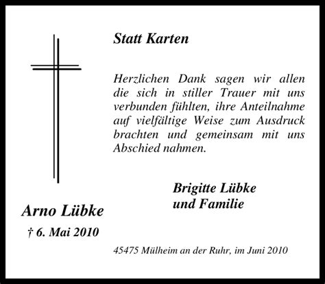 Traueranzeigen von Arno Lübke Trauer in NRW de