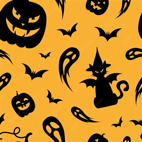 Premium Vector Seamless Halloween Pattern Black Cat Ghosts