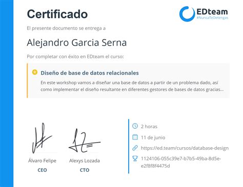 Certificado De Alejandro Garcia Serna Del Curso Dise A Bases De Datos