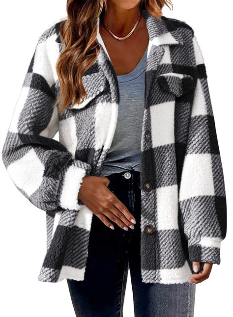 Womens Flannel Shacket Jacket Casual Plaid Wool Blend Button Down Long Sleeve Shirt Fall Clothes