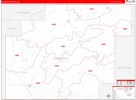 Pushmataha County, OK Zip Code Wall Map Red Line Style by MarketMAPS - MapSales