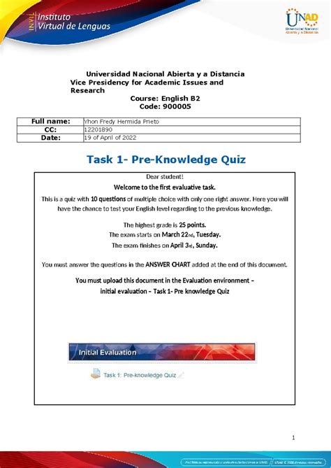 Task Pre Knowledge Quiz B Universidad Nacional Abierta Y A