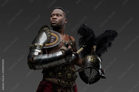 Portrait Of Ancient Roman Gladiator Of African Descent Dressed In Light