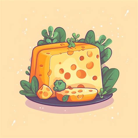 Un Dibujo De Dibujos Animados De Un Queso Y Un Plato Con Hojas Verdes