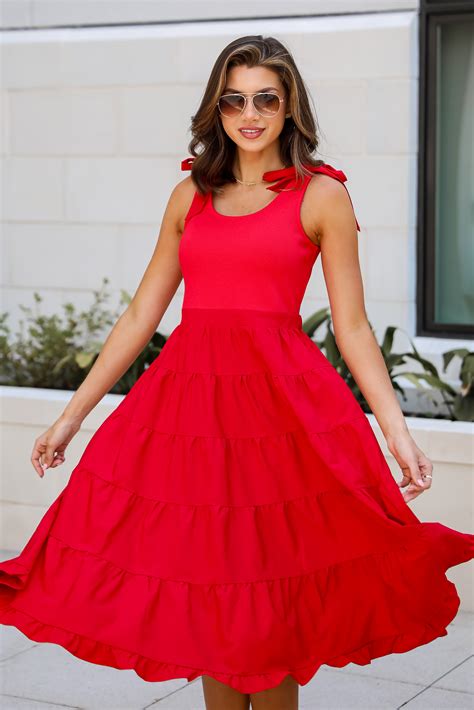 Flowy Red Tiered Midi Dress Cute Red Dresses Shopdressup Dress Up