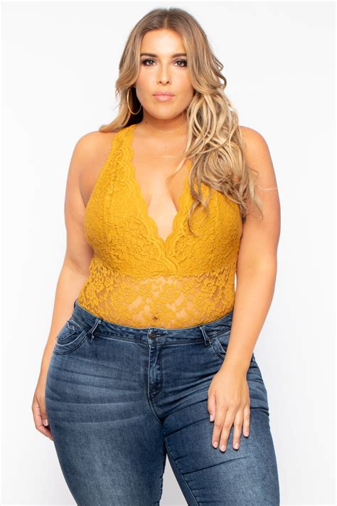 Plus Size Rose Lace Cross Front Bodysuit Mustard Curvy Sense