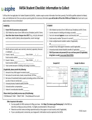 Fillable Online FAFSA Student Checklist: Information to Collect Fax ...