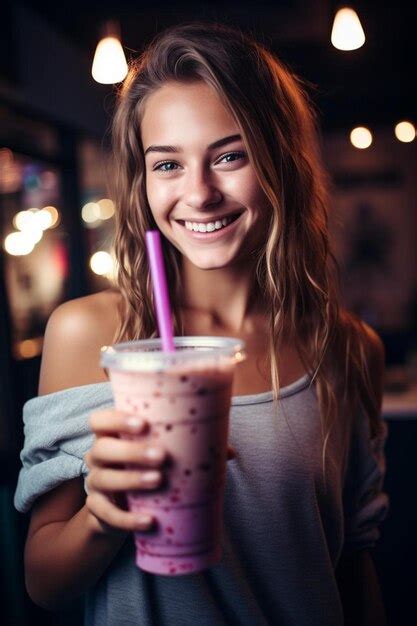 Premium Photo Cheerful Woman With Smoothie Taking Selfie At Night