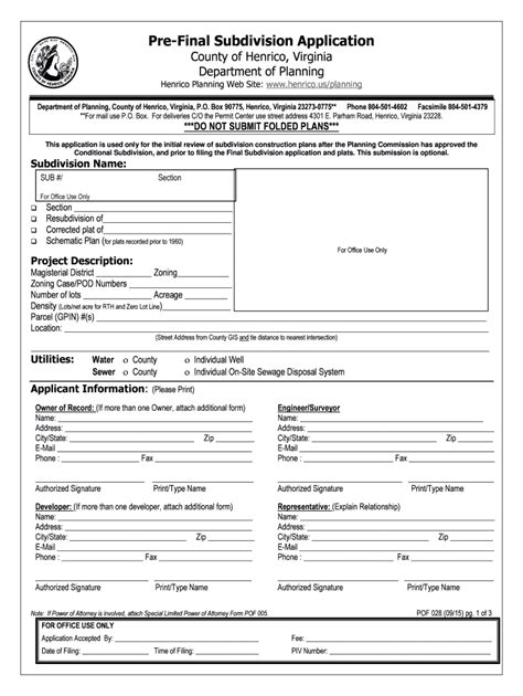 Fillable Online Co Henrico Va Pre Final Subdivision Application