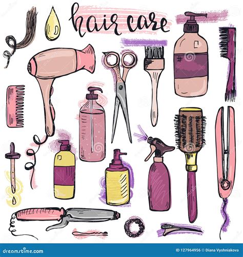 Set Of Hand Drawn Hair Styling And Care Products And Items Stock Vector