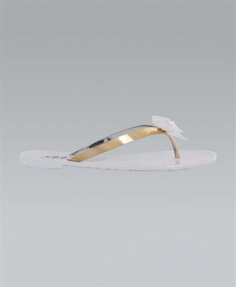 Krisp Diamante Studded White Bow Gold Flip Flops Shoes From Krisp