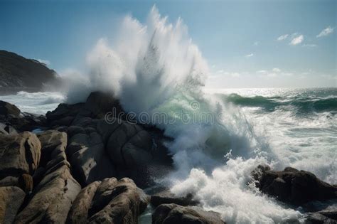 Tsunami Wave Crashing Into Rocky Seashore With Spray Flying In The Air