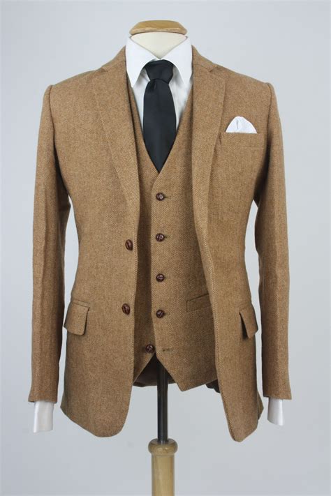 Custom Brown Herringbone Tweed Piece Suit Monkey Suits