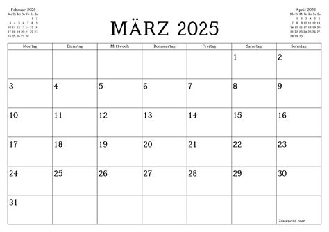 Druckbare Kalender und Planer für März 2025 A4 A3 zu PDF und PNG