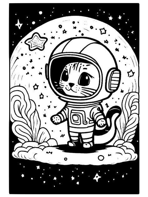 Whimsical Space Cat Coloring Page · Creative Fabrica