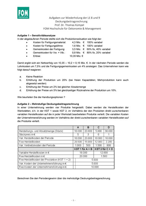 Bungen Zu Bilanzen Und Steuern Deckungsbeitragsrechnung Prof Dr