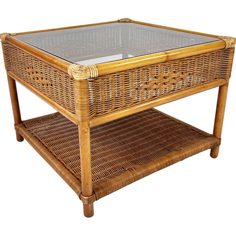 Vintage Bamboo And Rattan Side Table With Smoked Glass Top