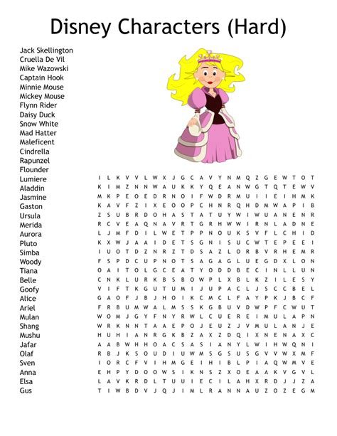 Disney Characters Hard Word Search Wordmint Worksheets Library