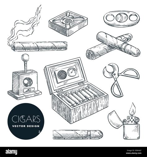 Cuban Cigars And Accessories Vector Vintage Sketch Illustration Tobacco Smoking Hand Drawn