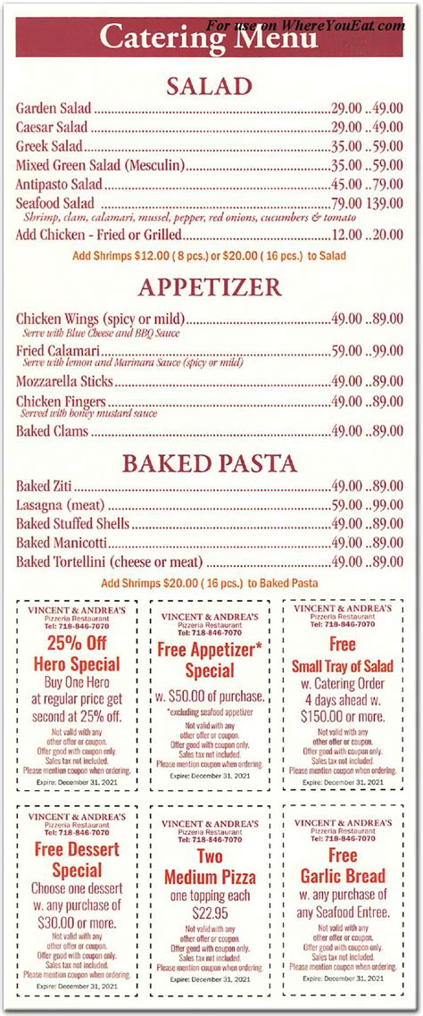 Vincent And Andrea S Pizzeria Restaurant In Queens Official Menus