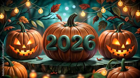 Spooky halloween pumpkins with the year 2026 illuminated Stock