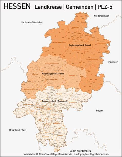 Hessen Vektorkarte Landkreise Gemeinden Plz Grebemaps Kartographie