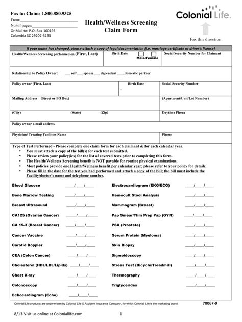 Colonial Life Health Wellness Screening Claim Form Printable Pdf