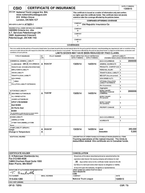 Csio Certificate Insurance Template Fill Online With Regard To Fresh