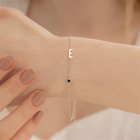 Silver Birthstone And Initial Bracelet Letter Bracelets Etsy