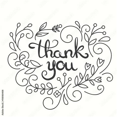 Thank You Card Hand Drawn Lettering Design Greeting Card With Flowers