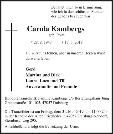 Traueranzeigen Von Carola Kambergs Trauer In Nrw De