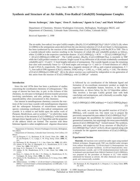 Pdf Synthesis And Structure Of An Air Stable Free Radical Cobalt Iii