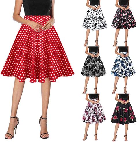 Leeafly Damen Rockabilly Rock A Linie Retro Rock Midi Swing Röcke Lang