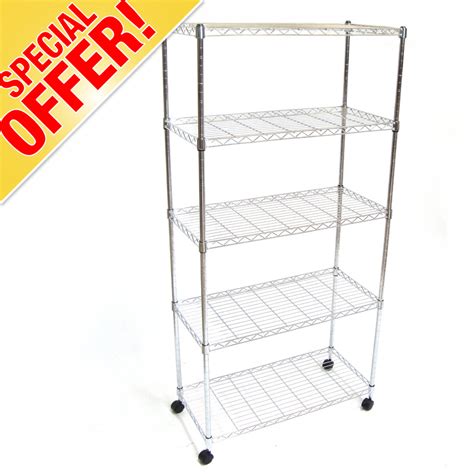 Wire Metal Shelving Storage With Wheels x5 Tier Shelf Kitchen Utility Shelves | eBay