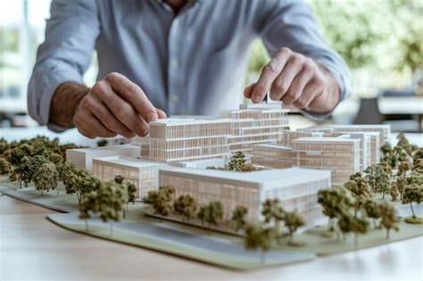 Businessman Presenting Model Of New Office Complex On Table Real Estate