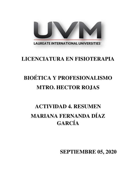 Act Cuarta Actividad De Bioética Y Profesionalismo Licenciatura En