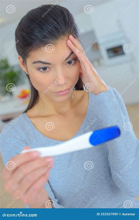 Stressed Woman Looking On Pregnancy Test Stock Image Image Of Unhappy