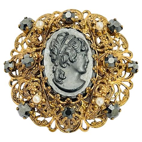 Vintage Western Germany Gold Black Cameo Rhinestone Pearl Designer