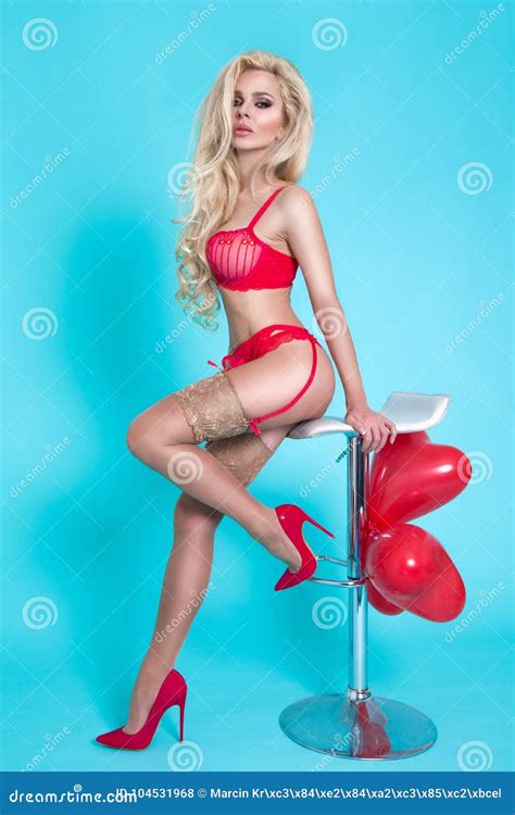 Beautiful Blonde In Red Erotic Lingerie Stock Photo Image Of Dress