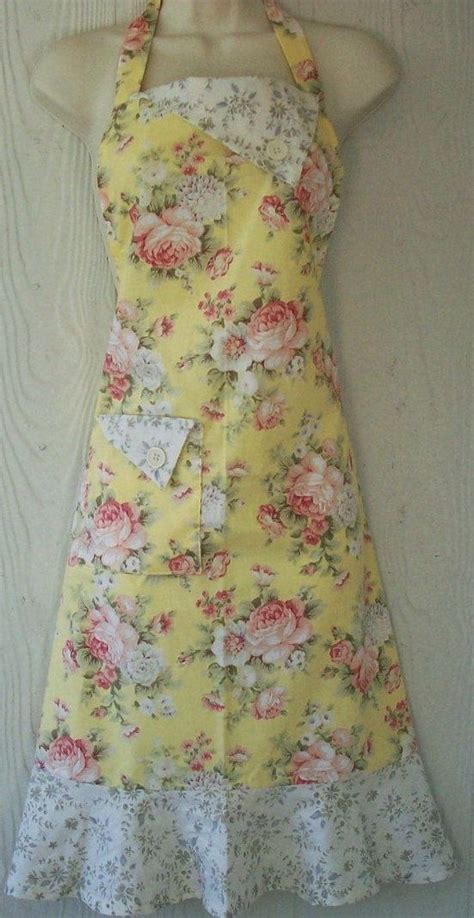 Retro Floral Apron Yellow Apron Cottage Chic Pink Roses Vintage Style