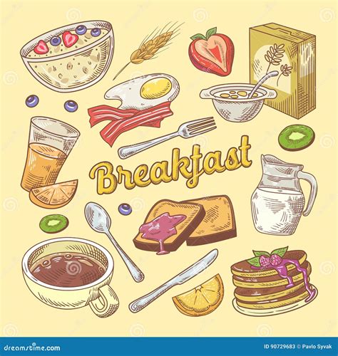 Breakfast Doodle Elements Set Hand Drawing Vector Illustration