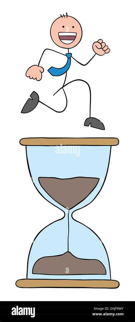 Stickman Businessman Is Happy Energetic And Running On The Big Hourglass Hand Drawn Outline