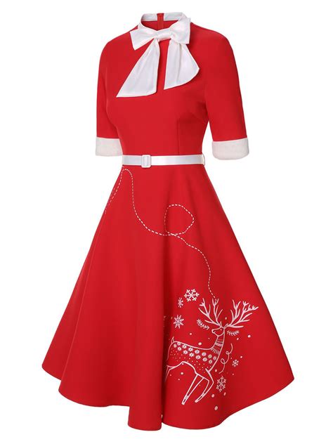 Red 1950s Elk Bow Patchwork Belt Dress Retro Stage