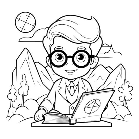 Premium Vector | Black and White Cartoon Illustration of Kid Boy Student Studying or Reading a ...