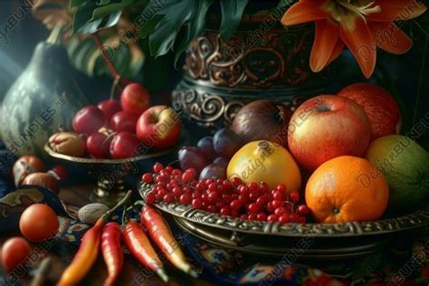 Vintage Still Life With Assorted Fruits And Vase