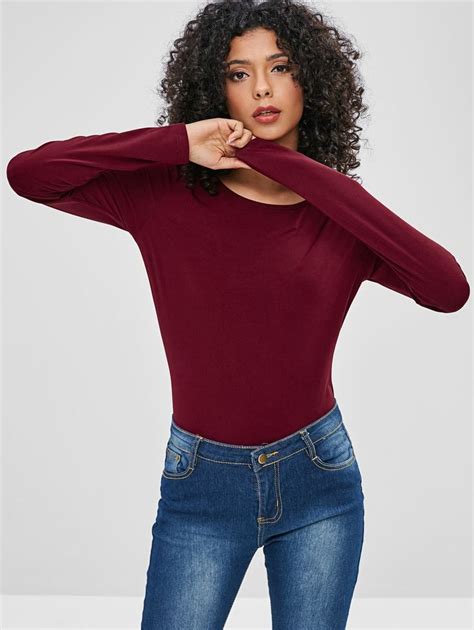 Zaful Cut Out Long Sleeve Bodysuit In Red Wine