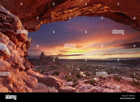 North Window Arch and Turret Arch at sunset, Arches National Park, Utah, USA Stock Photo - Alamy