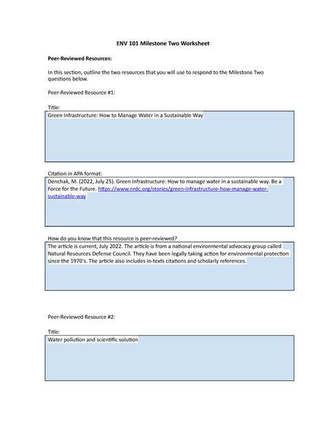 ENV 101 Milestone Two Worksheet ENV 101 Milestone Two Worksheet Peer